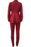 Wine Red Casual Two Piece Suits Patchwork ruffle Solid pencil Long Sleeve