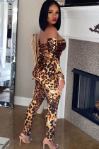 Leopard print Sexy Print Hollow Polyester Long Sleeve Wrapped  Jumpsuits