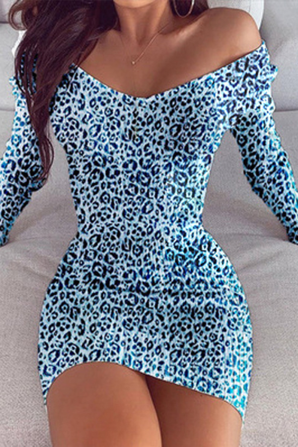 Blue Sexy Leopard Split Joint Bateau Neck Pencil Skirt Dresses