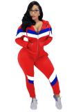 Red adult Fashion Active contrast color Patchwork Two Piece Suits Geometric pencil Long Sleeve