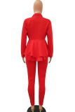 Red Casual Two Piece Suits Patchwork ruffle Solid pencil Long Sleeve