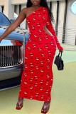 Red Fashion Sexy Lips Printed Hollowed Out Oblique Collar Long Sleeve Dresses
