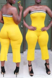 Yellow Casual Solid Split Joint Strapless Skinny Jumpsuits