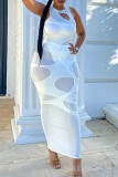White Sexy Patchwork Solid Hollowed Out See-through O Neck Vest Dress