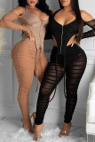 Khaki Fashion Sexy Patchwork Solid See-through Asymmetrical Halter Long Sleeve Two Pieces