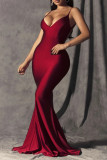 Red Fashion Sexy Solid Backless Spaghetti Strap Evening Dress