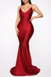 Red Fashion Sexy Solid Backless Spaghetti Strap Evening Dress