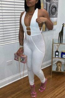 White Sexy Solid Patchwork V Neck Regular Jumpsuits