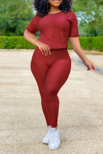 Wine Red Casual Solid Patchwork O Neck Short Sleeve Two Pieces