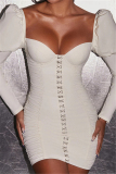 White Fashion Sexy Solid Backless Fold V Neck Long Sleeve Dresses