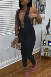 Black Sexy Solid Patchwork V Neck Regular Jumpsuits