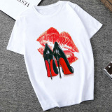 White Red Fashion Casual Print Basic O Neck Tops