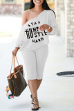 Black Fashion Casual Letter Print Basic Oblique Collar Long Sleeve Two Pieces