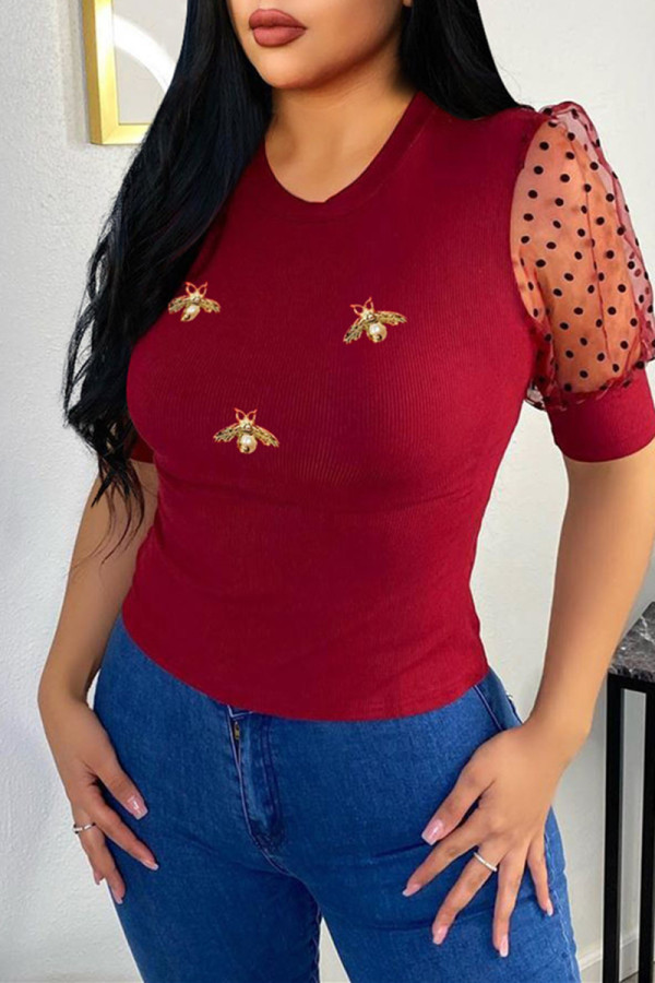 Red Fashion Casual Embroidery Patchwork O Neck Tops