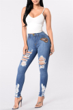 Light Blue Fashion Casual Ripped High Waist Regular Jeans