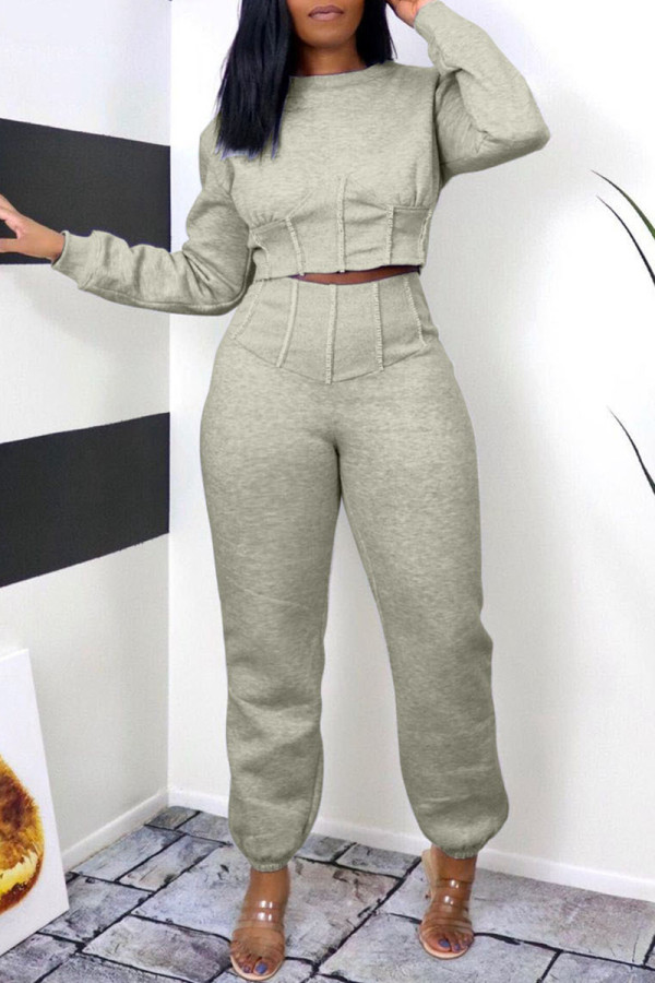 Grey Fashion Casual Solid Basic O Neck Two Pieces