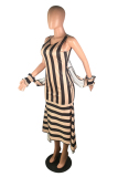 Apricot adult Street Fashion Off The Shoulder Long Sleeves O neck Asymmetrical Mid-Calf Print Stri