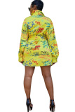 Yellow Sexy Shirt sleeves Long Sleeves Turndown Collar Asymmetrical skirt Patchwork Print Charact