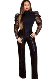 Black O Neck Long Sleeve Sequin Patchwork perspective Mesh Solid