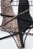 rose red Nylon Hooded Out Patchwork bandage Leopard Print backless adult Sexy Fashion Bikinis Set