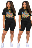 Black Polyester Fashion Casual adult Patchwork Print Character Two Piece Suits Straight Short Sleeve Two Pieces