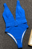Blue Solid Asymmetrical Fashion Sexy One-Piece Swimwear