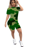 Green Fashion Active adult Ma'am Patchwork Print Camouflage Two Piece Suits Straight Short Sleeve Two Pieces