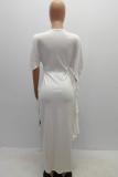 White Casual Fashion Cap Sleeve Short Sleeves O neck Asymmetrical Ankle-Length Patchwork asymmet