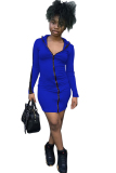 Blue Sexy Cap Sleeve Long Sleeves Hooded Step Skirt Knee-Length chain Patchwork Solid