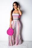 rose red Fashion Casual Draped Print Striped Polyester Sleeveless Slip  Jumpsuits