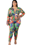 As Show Sexy O Neck Two Piece Suits Floral Zippered Print Pattern