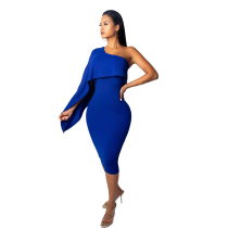 Royal blue Sexy Off The Shoulder Sleeveless one shoulder collar Slim Dress Mid-Calf  Club Dresses