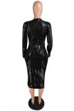 Black adult Sexy Fashion Cap Sleeve Long Sleeves V Neck A-Line Mid-Calf Sequin Solid Patchwork