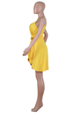 Yellow Polyester Street Fashion adult Spaghetti Strap Sleeveless Slip Step Skirt Knee-Length Solid Patchwor
