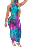 purple Polyester Fashion Sexy adult Blue Orange Yellow purple Off The Shoulder Sleeveless Turtleneck Step Skirt Ankle-Length Print Patchwork Tie and dye Dresses