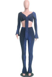 Blue Polyester Elastic Fly Long Sleeve Mid Solid Boot Cut Pants  Two-piece suit
