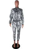 White Polyester adult Sexy Fashion Print serpentine Patchwork Two Piece Suits pencil Long Sleeve 