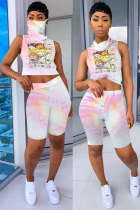 Pink Polyester Fashion Sexy adult Striped Patchwork Print Character Tie Dye Two Piece Suits Straight Sleeveless Two Pieces