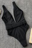 Black Solid Asymmetrical Fashion Sexy One-Piece Swimwear