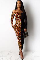 Black Polyester OL Off The Shoulder Long Sleeves One word collar Step Skirt Ankle-Length Leopard 