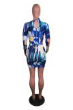 Blue Fashion Casual Cap Sleeve Long Sleeves O neck Step Skirt Mini Geometric Print Casual Dres