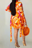 Orange Polyester Fashion Casual adult Patchwork Print Two Piece Suits pencil Long Sleeve Two Pieces