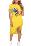 Red Fashion Casual Red Black Blue Pink Yellow Cap Sleeve Short Sleeves O neck Pencil Dress Mid-Calf Print Dresses