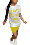 Yellow Fashion Street Letter Print Two Piece Suits Straight Short Sleeve Two Pieces