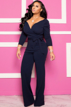 Navy Blue Sexy Solid Patchwork Long Sleeve V Neck Jumpsuits