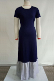 Navy Blue Polyester Sexy Fashion Cap Sleeve Short Sleeves O neck Princess Dress Floor-Length Solid Patchwork S