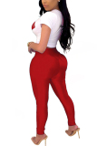 Red Fashion Active adult Ma'am Letter Print contrast color Two Piece Suits pencil Short Sleeve Two Pieces