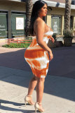 Orange Polyester Fashion Sexy Spaghetti Strap Sleeveless Slip Step Skirt Knee-Length Print Patchwork 