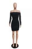 Black Polyester Fashion Celebrities Sexy Off The Shoulder Long Sleeves One word collar Step Skirt Mini Mes