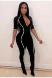 Black Sexy Fashion Asymmetrical Solid Half Sleeve V Neck Jumpsuits